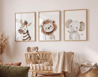 Set of 6 Safari Nursery Wall Art Prints, Watercolor Safari Animals, Gender Neutral Nursery Decor, Baby Room Art, Instant Download 102