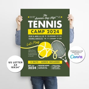 Cartaz editável de panfleto de tênis, convite de tênis, pôster de torneio de acampamento de tênis, convite de tênis, modelo Canva de 3 tamanhos 007