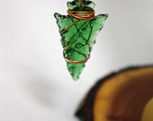 Green wire wrapped ARROWHEAD pendant with red leather lanyard - arrowhead jewelry - reclaimed glass necklace