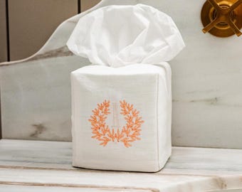 Linen Tissue Box Cover embroidered tissue holder  custom Initial Bathroom Decor for wedding gift monogrammed tissue cover with embroidery