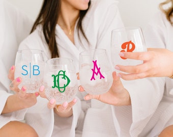 Personalized stemless wine glass bridesmaid gift matching wine glass monogrammed for pool party wine tumbler for bachelorette party cup wine