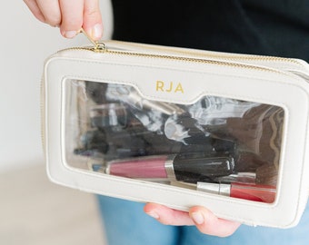 Clear cosmetic bag personalized clear makeup bag leather monogrammed luxury leather gift clear toiletry bag personalized clear cosmetic case