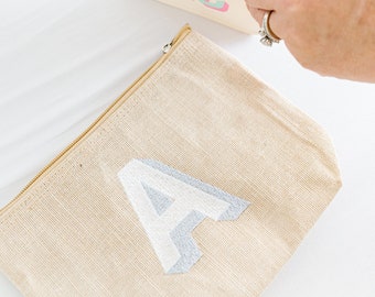 Bridal party pouch with embroidered monogram pouch small bag bridesmaid bag with initial embroidered jute zipper clutch with monogram name