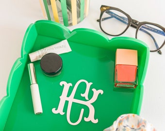 Personalized office tray desk storage monogrammed scallop tray shadow monogram tray for office catchall tray organization gift for her room