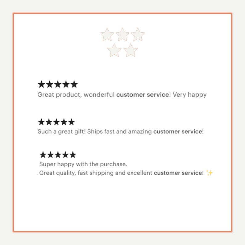 May include: A cream-colored graphic with text and star icons. The text includes positive customer feedback: "Great product, wonderful customer service!" and "Super happy with the purchase."