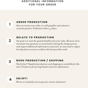 May include: A white and gray infographic with four numbered steps outlining the order production process for custom stationery. The steps include order production, delays to production, rush production and shipping, and enjoy.