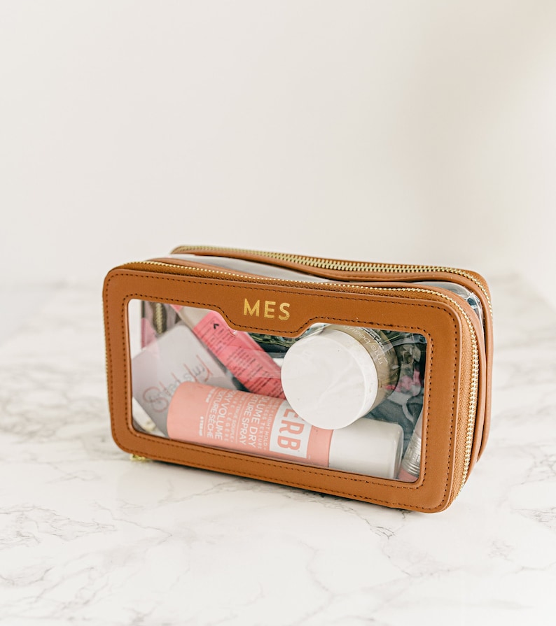 Clear cosmetic bag personalized clear makeup bag leather monogrammed luxury leather gift clear toiletry bag personalized clear cosmetic case