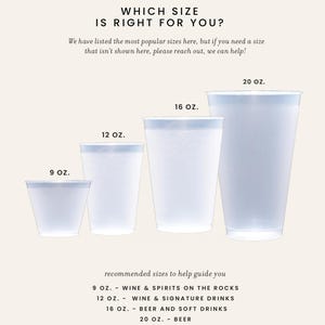 May include: Image showing four clear plastic cups of varying sizes: 9 oz, 12 oz, 16 oz, and 20 oz. Text above reads "WHICH SIZE IS RIGHT FOR YOU?" and below, "recommended sizes to help guide you." The text also lists drink suggestions for each size.