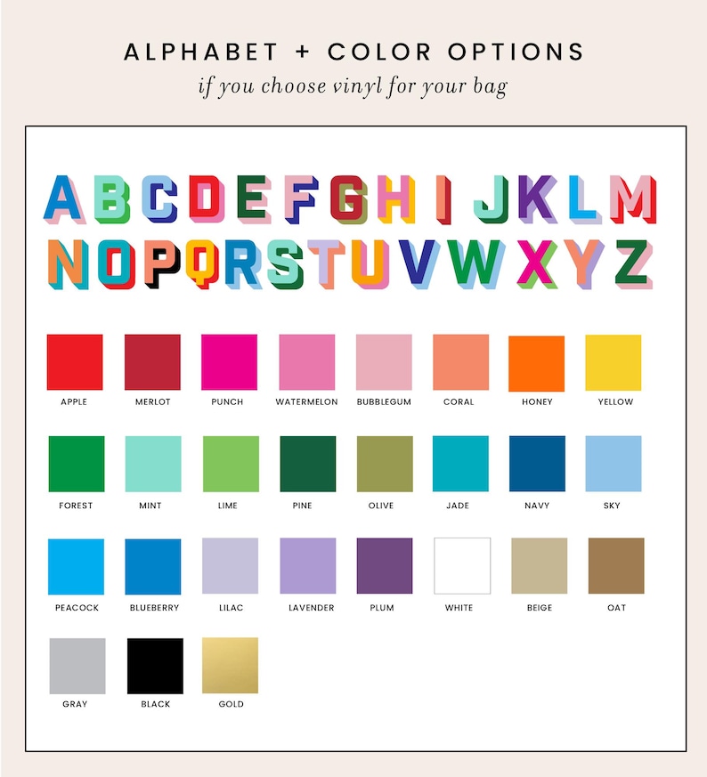 May include: A chart displaying the alphabet in colorful 3D letters, with a selection of color swatches below. The text reads "ALPHABET + COLOR OPTIONS if you choose vinyl for your bag."