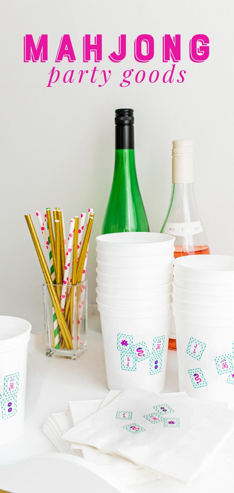 Mahjong birthday party decor featuring themed drinkware and bar setup