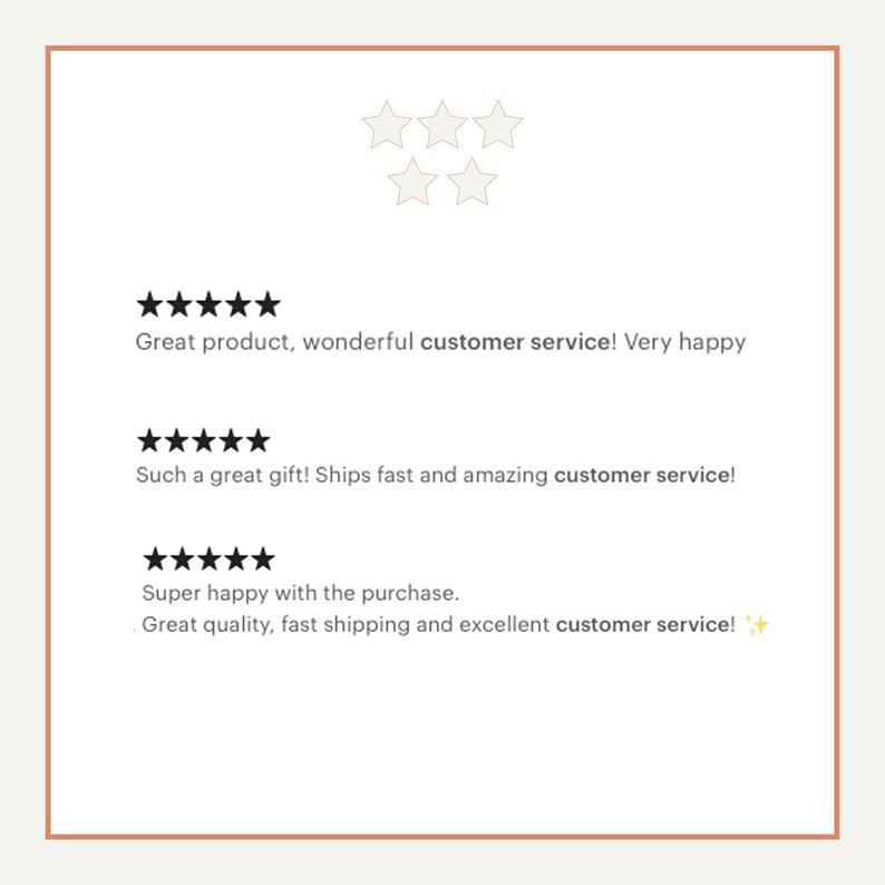 May include: Five-star customer reviews highlighting great product quality, fast shipping, and excellent customer service.