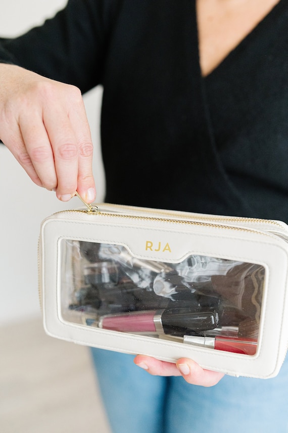 Clear cosmetic bag personalized clear makeup bag leather monogrammed luxury leather gift clear toiletry bag personalized clear cosmetic case