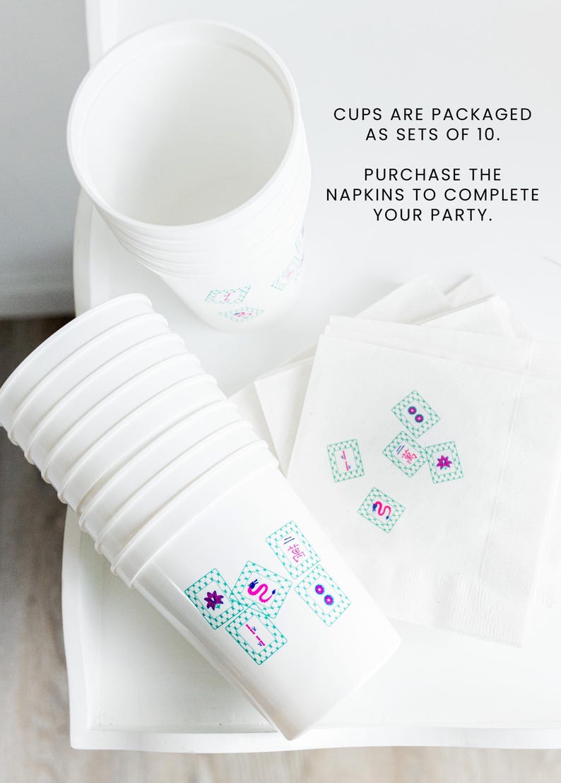White Mahjong cups with pastel Mahjong tile design for game night