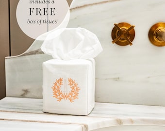 Linen Tissue Box Cover embroidered fabric tissue holder custom Bathroom Decor for wedding gift monogrammed tissue cover with embroidery