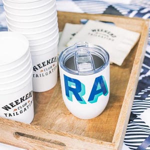 Personalized wine tumbler with straw custom wine tumbler with color block monogram bachelorette gift bridal party personalized wine travel