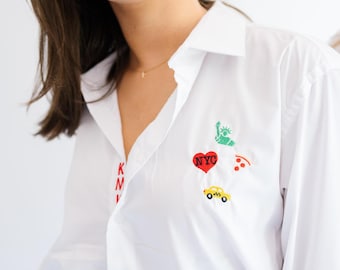 Favorite icon button shirt NYC icon embroidered shirt for bachelorette matching shirt with embroidery mini icon button up with monogram