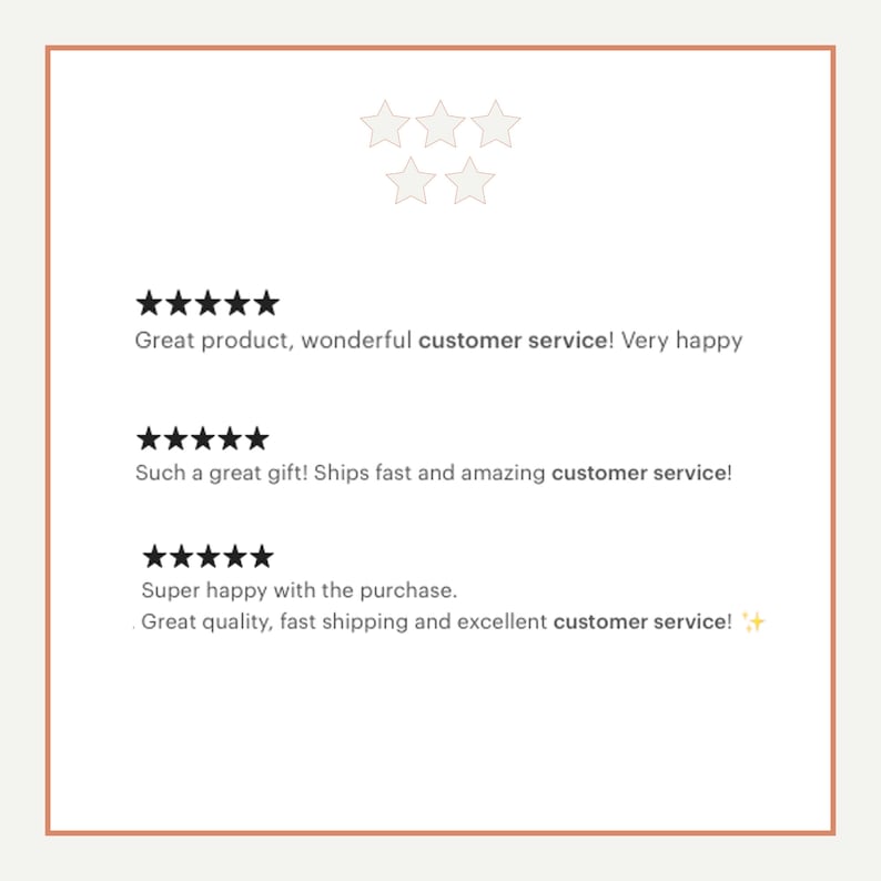 May include: Five-star customer reviews highlighting great product quality, fast shipping, and excellent customer service.