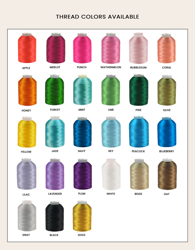 May include: Image showcasing a variety of thread colors, including Apple, Merlot, Punch, and Watermelon. Other colors include Honey, Forest, Mint, and Lime. The text at the top reads "THREAD COLORS AVAILABLE."