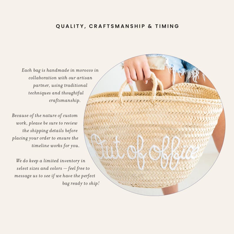 May include: Woven straw tote bag with white embroidered "Out of office" text. The bag has two handles and is held by a person. The bag is handmade in Morocco.
