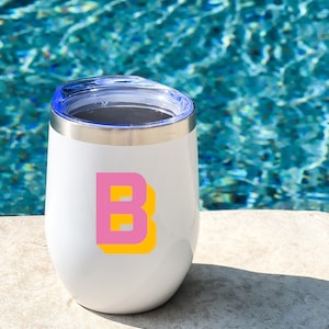 Personalized wine tumbler with straw custom wine tumbler with color block monogram bachelorette gift bridal party personalized wine travel