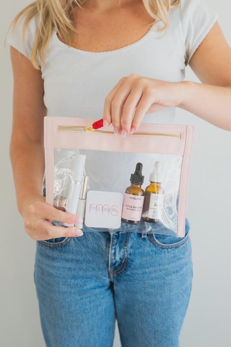 Clear cosmetic bag personalized clear makeup bag leather monogrammed luxury leather gift clear toiletry bag personalized clear cosmetic case image 2