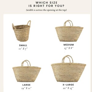 May include: Four woven straw baskets of varying sizes are displayed, each with handles. The sizes are labeled: Small (11" x 7"), Medium (15" x 8"), Large (19" x 11"), and X-Large (22" x 15"). Text at the top reads "WHICH SIZE IS RIGHT FOR YOU?"