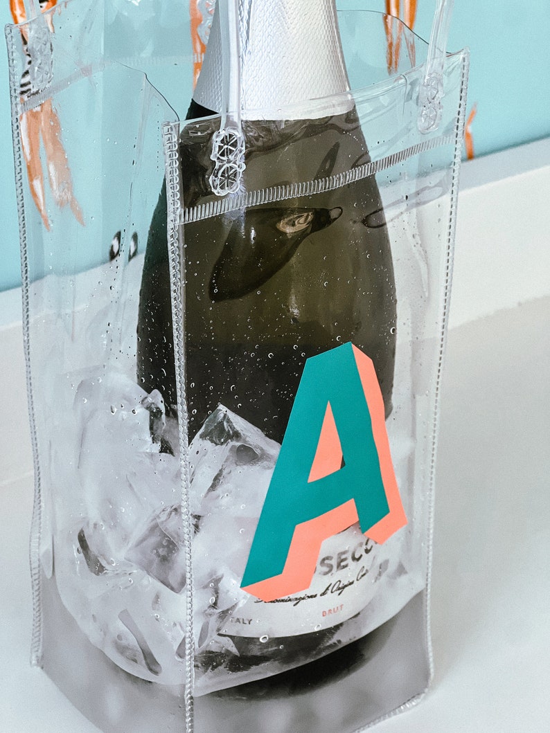 Monogrammed transparent wine bag with handles and ice inside