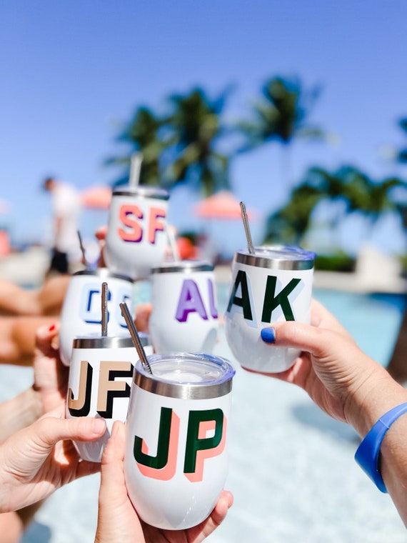 Personalized wine tumbler with straw custom wine tumbler with color block monogram bachelorette gift bridal party personalized wine travel