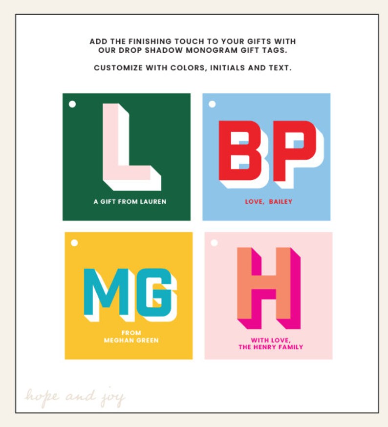 Custom printed hang tags square monogram stickers shadow monogram gift tags printed hang tag thank you gift tag custom hang tag monogram tag