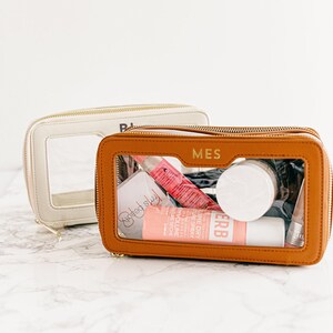 Clear cosmetic bag personalized clear makeup bag leather monogrammed luxury leather gift clear toiletry bag personalized clear cosmetic case