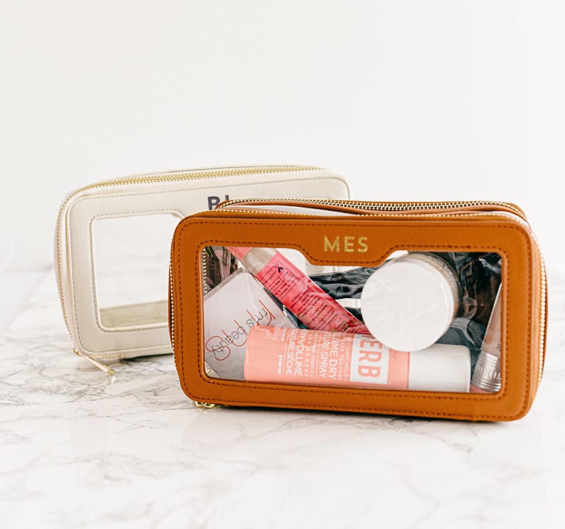 Clear cosmetic bag personalized clear makeup bag leather monogrammed luxury leather gift clear toiletry bag personalized clear cosmetic case