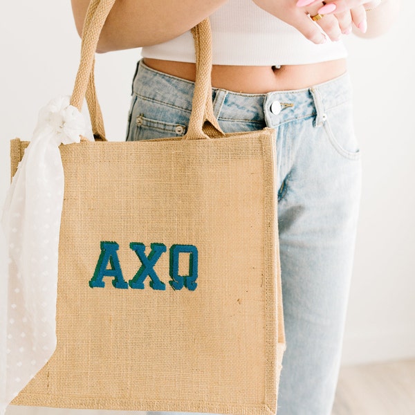 Custom embroidered tote sorority sister tote bag essential Greek life fundraiser jute tote bag for rush night gift for sorority acceptance