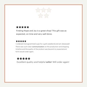 May include: A cream-colored background with customer reviews. The reviews include five-star ratings and text praising the shop's quality, communication, and timely delivery. The shop name is "Finding Hope and Joy".