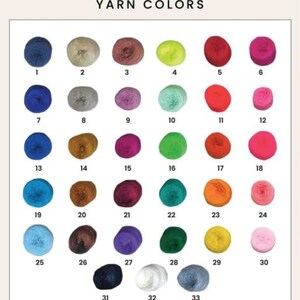 May include: A color chart of yarn skeins, each numbered and in a different color. The colors include shades of blue, green, red, pink, yellow, brown, and purple. The text "YARN COLORS" is at the top.