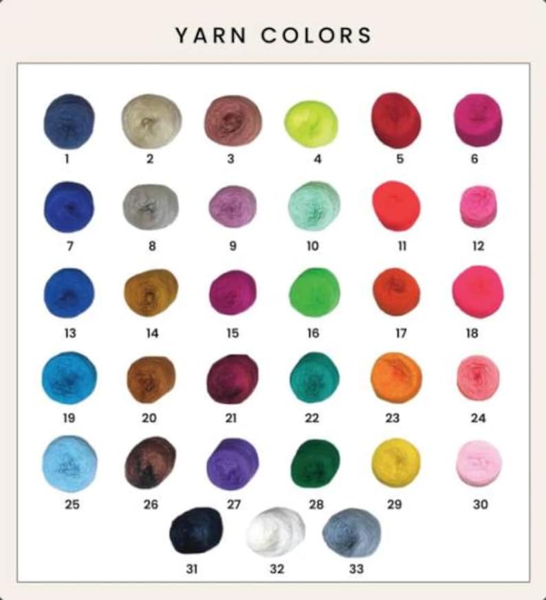 May include: A color chart of yarn skeins, each numbered and in a different color. The colors include shades of blue, green, red, pink, yellow, brown, and purple. The text "YARN COLORS" is at the top.
