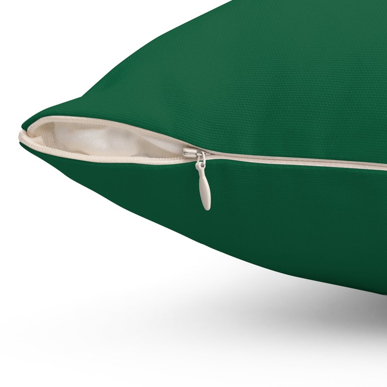 Puede incluir: Una almohada verde oscuro con cierre de cremallera. La cremallera es visible y tiene un tirador de metal.