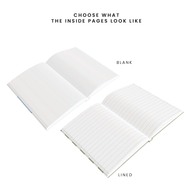 May include: Two open notebooks, one with blank pages and the other with lined pages. The text "BLANK" is below the blank notebook and the text "LINED" is below the lined notebook.