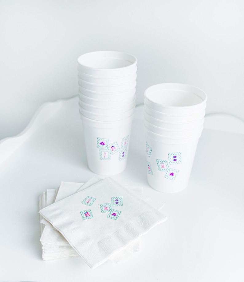 Mahjong drinkware with playful tile patterns, ideal for game night