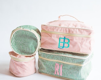 Personalized Jewelry Travel Case Set Embroidered Makeup Bag with embroidery striped Cosmetic Organizer for Bridesmaid Gift Monogram Travel