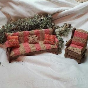 Dollhouse Miniature Furniture Sofa Love Seat Set Lot Furniture Furnishings Pillows Accessories. Wooden Wood Vintage