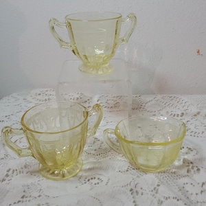 Depression Yellow Glass 3 Piece Creamer Sugar Bowl Antique