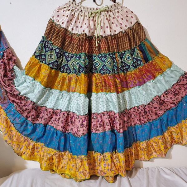 Skirt Long Gypsy Bohieman County Ruffle Multi Colored Ladies Elastic Waist Draw String.