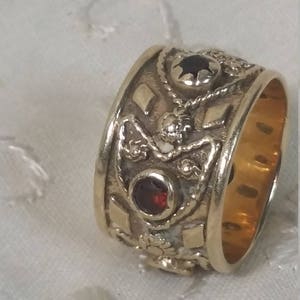 14 kt Gold Ring Ladies Wide Band Cigar 14kt Wedding Garnet Diamond Vintage Antique Christmas Gift Anniversary
