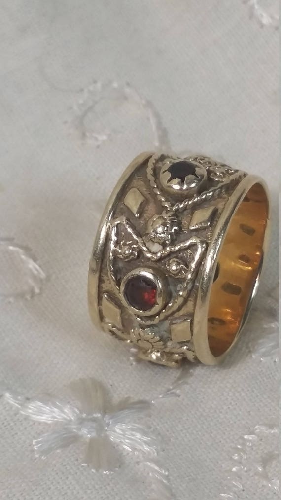 14 kt Gold Ring Ladies Wide Band Cigar 14kt Wedding Garnet Diamond Vintage Antique Christmas Gift Anniversary