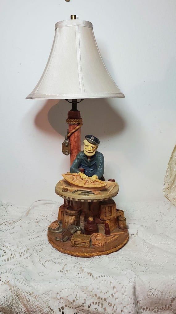Apsit Bros 1980s Nautical Lamp Vintage Sea Captain 24 Inch  Vintage Nautical Captain Table Lamp with Pleated Shade main image 0