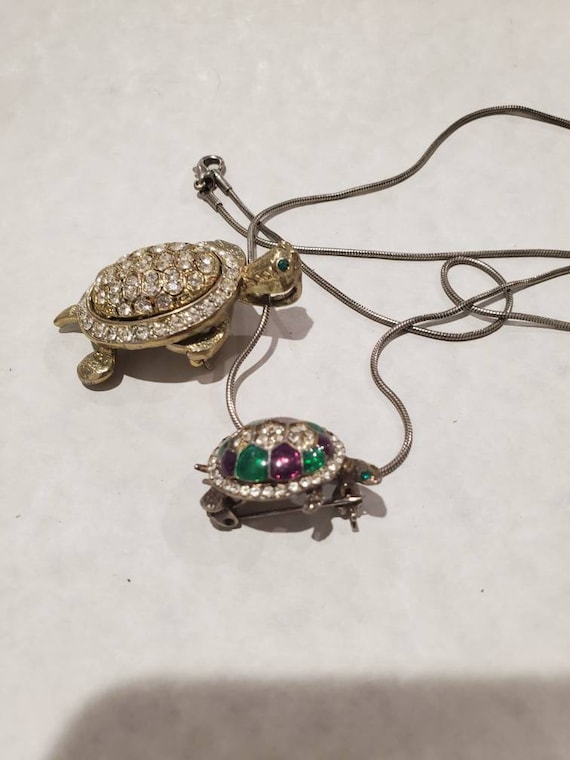 Turtle Vintage Rhinestone Necklace Two Jewelry Pi… - image 1