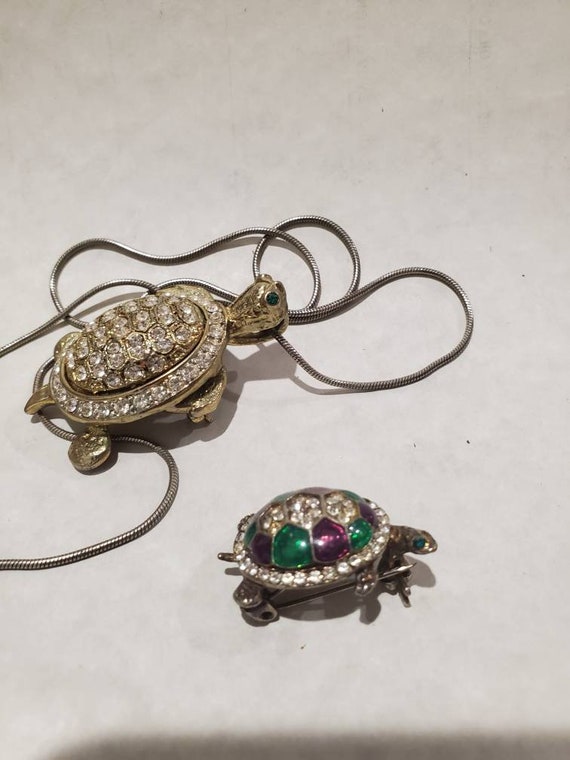 Turtle Vintage Rhinestone Necklace Two Jewelry Pi… - image 4