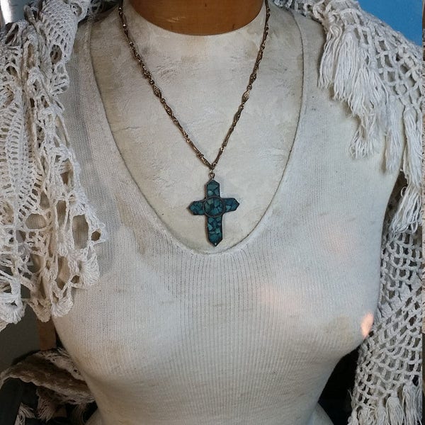 Turquoise Zuni Cross Necklace  Chain Jewelry Inlay Southwestern His or Hers Gift Christian Religious Mens Ladies Girl Cross