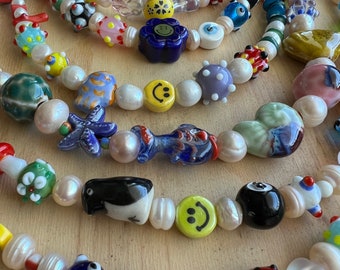 Colorful choker. Fresh water pearls , Murano glass and handmade ceramic beads Candy necklace