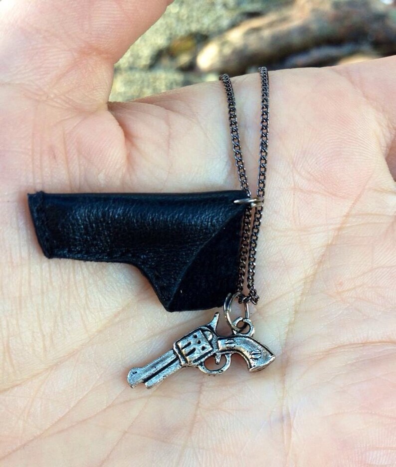 Silver and leather holster Gun Necklace Etsy